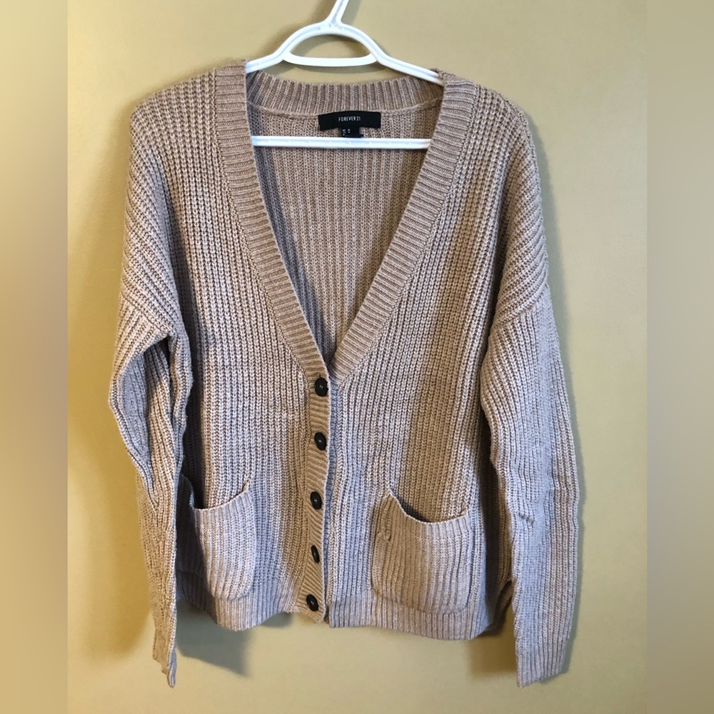F21 Tan Brown Knit Button Down Long Sleeve Oversized Cardigan FOREVER 21 Medium